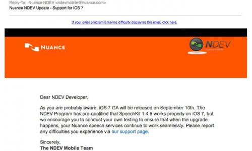 photo of Apple may release iOS 7 on Sept. 10, according to Nuance email image
