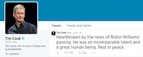 photo of Apple's CEO Tim Cook Tweets on the Passing of Robin Williams image