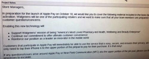 photo of Walgreens internal memo indicates Oct. 18 launch for Apple Pay image