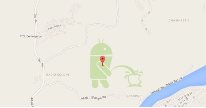 photo of Google Maps Easter egg shows Android mascot urinating on Apple logo image