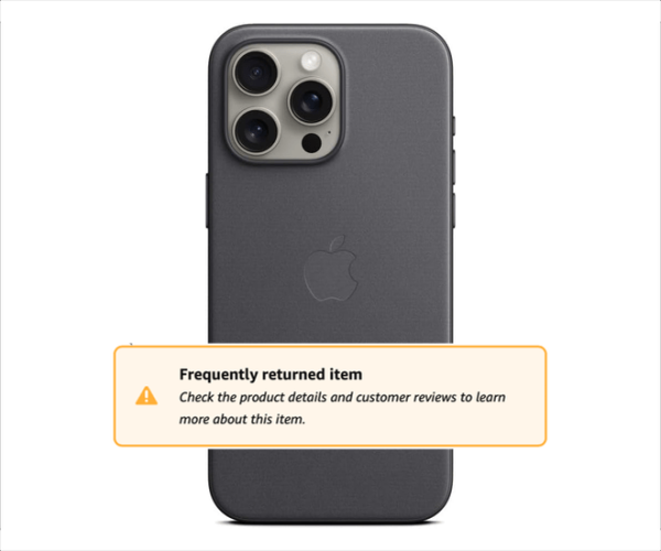 photo of Amazon’s warning label on Apple’s FineWoven accessories cautions ‘frequently returned’ image