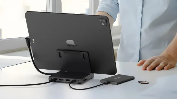 Travel-friendly iPad stand adds the ports you need