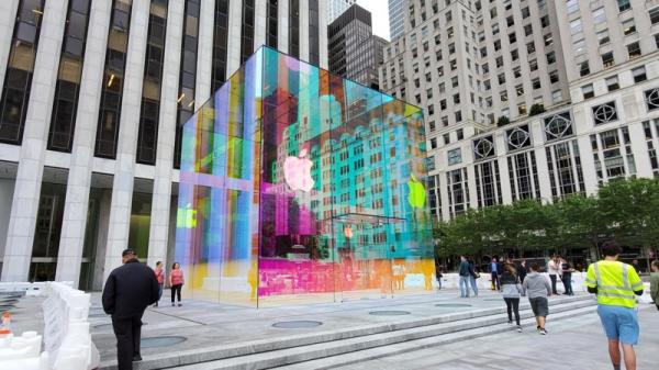 photo of Fifth Avenue Glass Cube Gets Temporary Rainbow Look to Celebrate Reopening image