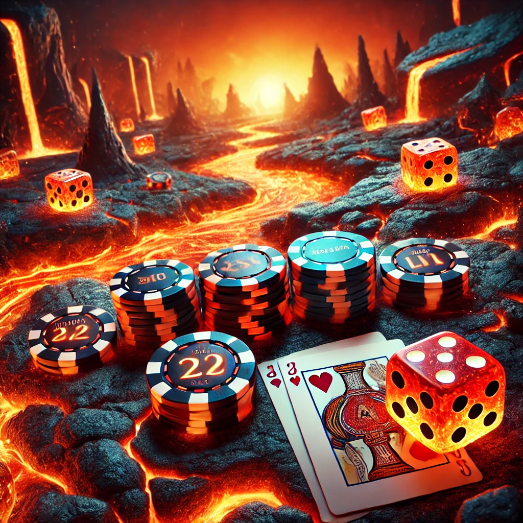 playing cards and casino chips in lava cave