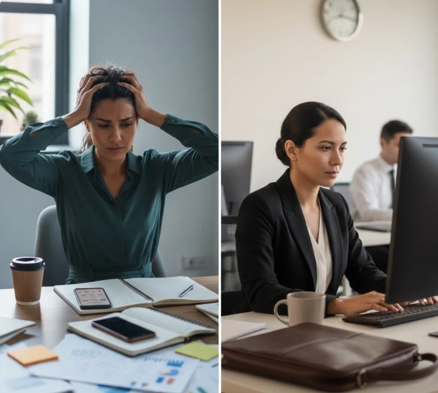 stressed and calm worker